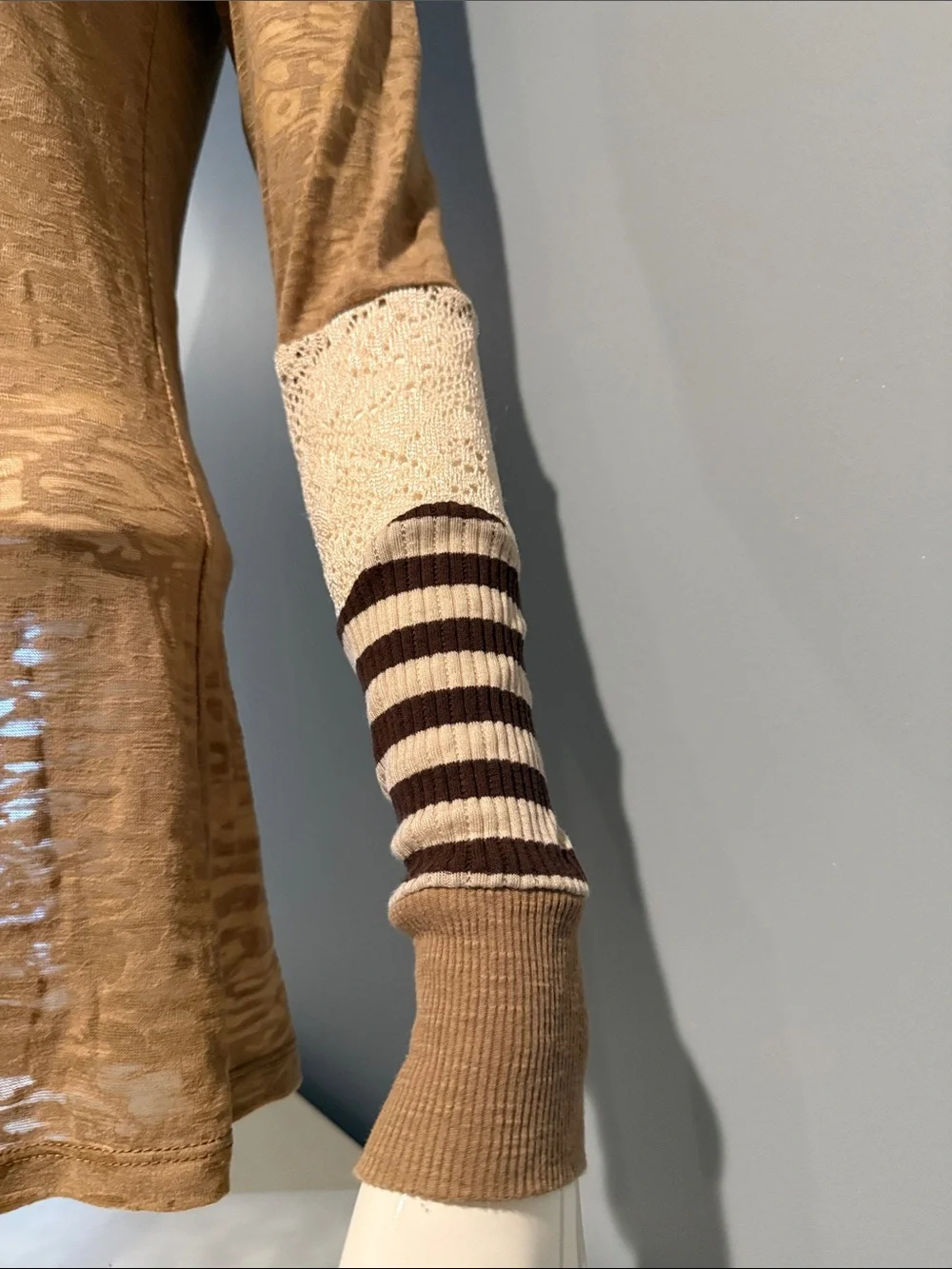 BKE Tan Burnout V-Neck Top with Striped Sleeve Accents